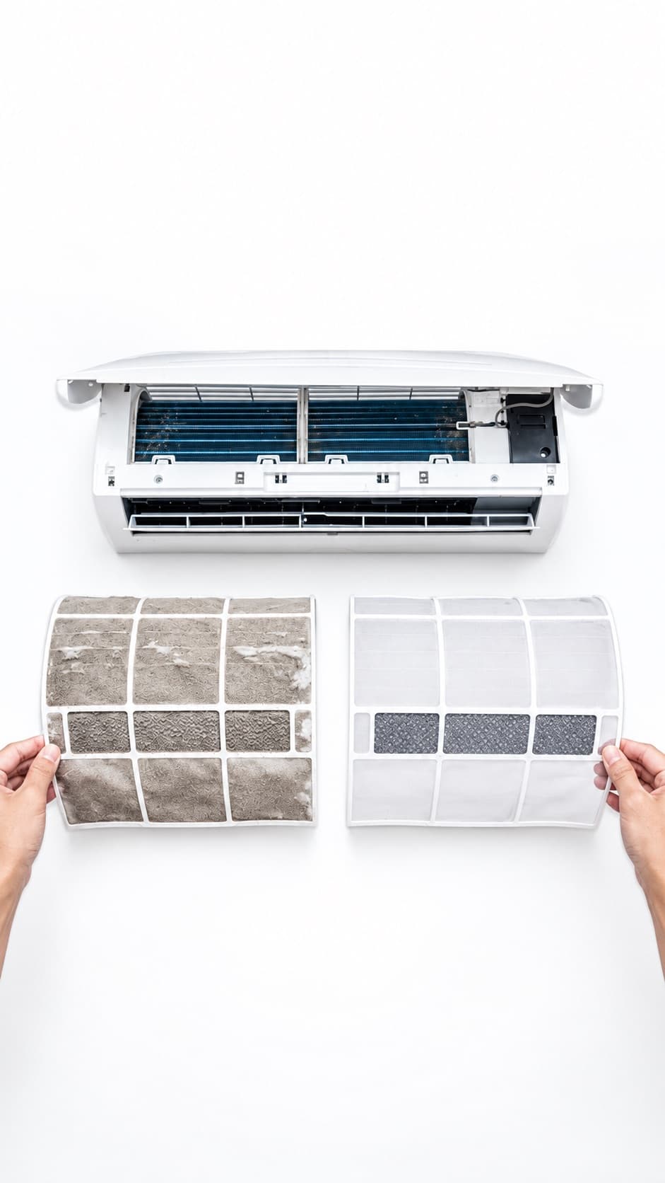 Comparação entre filtro de ar-condicionado sujo e filtro limpo após manutenção